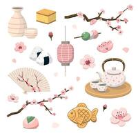 Spring Tea Party and Cherry Blossom Viewing Illustration Set. Isolated on white background. Seasonal festive graphics vector