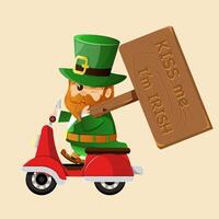 Leprechaun holding wooden placard kiss me i'm irish rides retro scooter Vector cartoon character. Illustration for St. Patrick's Day. Design element for Irish holiday.