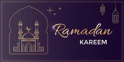 Golden mosque and lanterns for Ramadan Kareem and eid mubarak. Vector banner suitable for Muslim holy month Ramadan, Raya Hari, Eid al Adha and Mawlid.