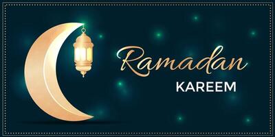 Ramadan Kareem. Gold moon crescent calligraphy, and glowing lamp or lantern with luxury islamic ornament pattern. Vector banner suitable for Ramadan, Raya Hari, Eid al Adha and Mawlid.