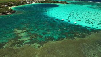 een vogelperspectief visie van de mooi strand en koraal rif van Mauritius. video