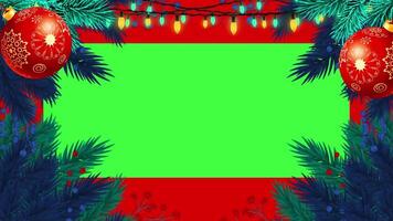 Christmas frame or new year frame with leaves and light bulbs blinking with green screen V8 video