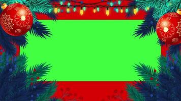 Christmas frame or new year frame with leaves and light bulbs blinking with green screen V8 video