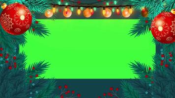 Christmas frame or new year frame with leaves and light bulbs blinking with green screen V1 video