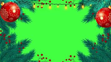 Christmas frame or new year frame with leaves and light bulbs blinking with green screen V10 video