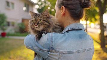 bellissimo donna Tenere e abbracciare sua soriano gatto all'aperto. video