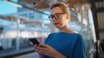 mujer caminando a lo largo el público transporte detener y utilizando teléfono inteligente video