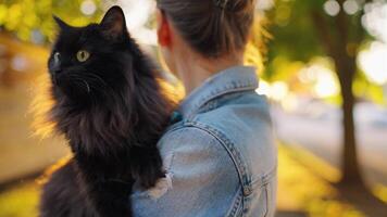 Beautiful woman holding and hugging her black cat outdoor. video