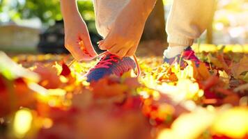 Close up of woman is tying shoe laces and running. Slow motion. video