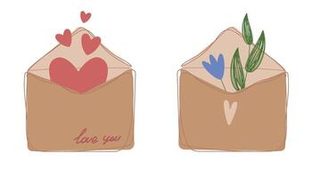 Set of envelopes, love letters. Envelope with flowers, envelope with hearts. Isolated elements for Valentine's day vector