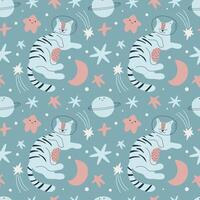 Seamless space cat pattern. Cute sleeping cat in a spacesuit, planets and stars. Children's pattern for clothes, wallpaper, packaging, bed linen vector