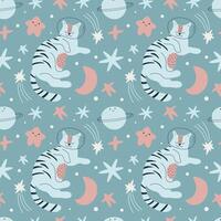 Seamless space cat pattern. Cute sleeping cat in a spacesuit, planets and stars. Children's pattern for clothes, wallpaper, packaging, bed linen vector