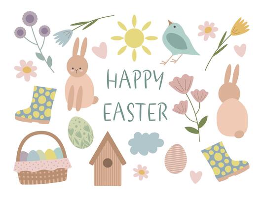 Cute Easter set. Easter bunny, eggs, sun, flowers, rubber boots, basket, bird, birdhouse. Pastel colors. Spring elements for your design.