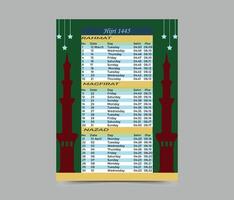 Ramadan timetable calendar template. Ramadan Calendar. Ramadan Kareem Timing Calendar. vector