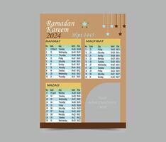 Ramadan timetable calendar template. Ramadan Calendar. Ramadan Kareem Timing Calendar. vector