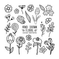 Set of hand drawn design floral elements. Stock vector illustration.