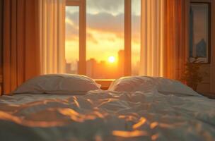 AI generated a hotel is showing two white sheets in front of sunrise photo