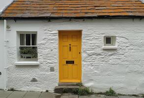 ai generado un amarillo puerta en un blanco casa foto