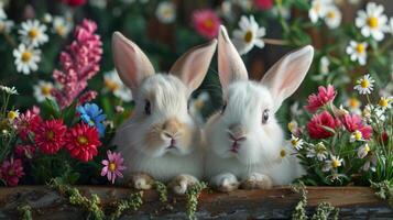 ai generado conejito refugio. adorable conejitos marco tu festivo mensaje foto