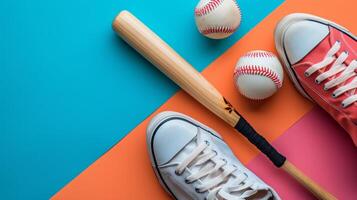 AI generated baseball bat, baseball ball and sneakers on minimalist vivid background with copy space photo