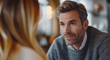 ai generado un hombre negociaciones acerca de su propio experiencia en un entrevista con un mujer foto