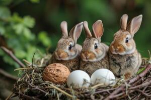 AI generated Bunny Haven. Adorable bunnies frame your festive message photo