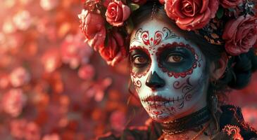 AI generated a woman is dressed up in a sugar skull outfit and has roses photo