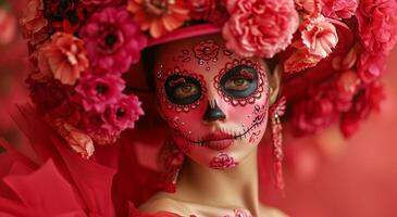 AI generated a young woman with red makeup, mask and flowers photo
