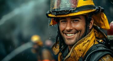 ai generado un bombero sostiene el manguera en su mano y sonrisas dentro el cámara foto