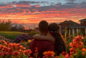 ai generado un Pareja es abrazando cada otro en el jardín a puesta de sol foto