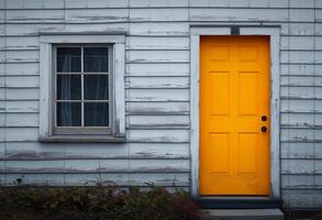 ai generado un amarillo puerta siguiente a un blanco de madera casa en muelle foto