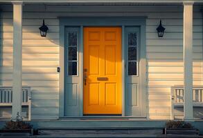 ai generado un amarillo puerta en un blanco casa foto