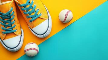 AI generated baseball ball and sneakers on minimalist vivid background with copy space photo