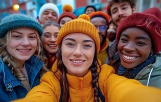 ai generado un grupo de amigos tomando un selfie juntos foto