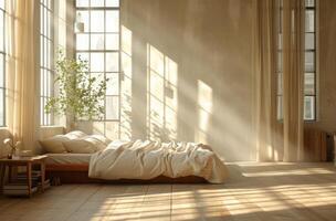 ai generado un cama con ropa de cama y almohadas en un mesa en frente de un vacío Departamento foto