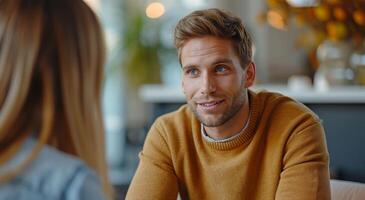 ai generado un hombre negociaciones acerca de su propio experiencia en un entrevista con un mujer foto