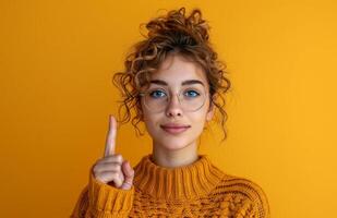 AI generated a woman pointing with her finger against a yellow background photo