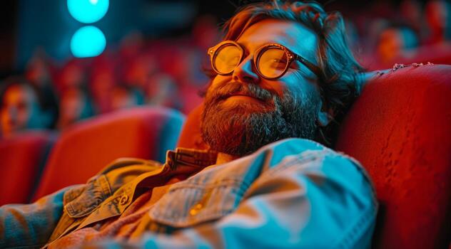 AI generated a handsome bearded man smiling in a theatre while in the movie photo