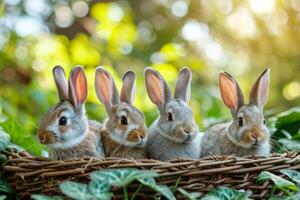 AI generated Bunny Haven. Adorable bunnies frame your festive message photo