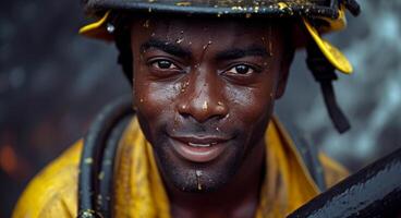 AI generated a firefighter holds the hose in his hand and smiles into the camera photo