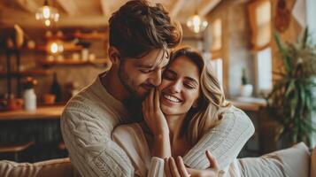 ai generado un hermosa mujer da un saludo tarjeta a su amado manin el vivo habitación de el casa foto