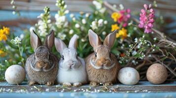 AI generated Bunny Haven. Adorable bunnies frame your festive message photo