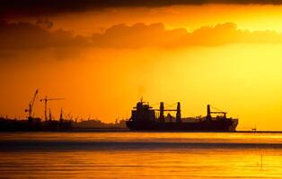 Silhouettes of Cranes and Cargo Ships photo