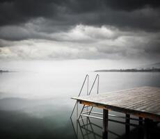 Old wooden jetty on lake. photo