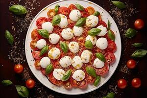 ai generado caprese ensalada con queso Mozzarella y quinua alto proteína ensalada foto