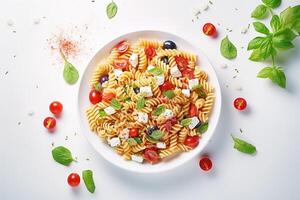 AI generated pasta salad with feta cheese, tomatoes and cucumbers photo