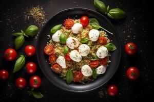 ai generado caprese ensalada con queso Mozzarella y quinua alto proteína ensalada foto