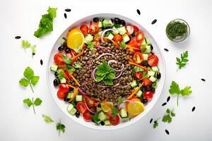 AI generated lentil and vegetable salad high protein salad recipes top view photo