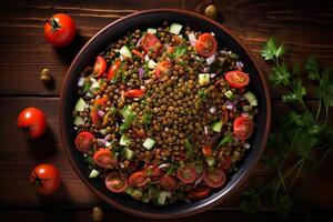 AI generated lentil and vegetable salad high protein salad recipes top view photo