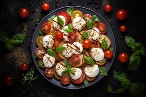 ai generado caprese ensalada con queso Mozzarella y quinua alto proteína ensalada foto